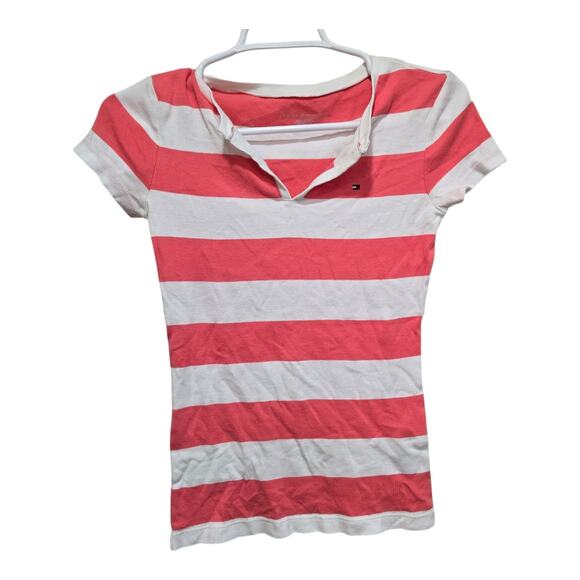 Tommy Hilfiger Pink White Striped Short Sleeve Tee XS Cotton Logo - Picture 1 of 7